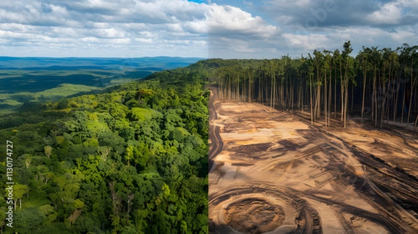 Obraz split image showing a lush, vibrant rainforest on one side and a barren, deforested landscape on the other, illustrating the impact of logging and deforestation on the planet