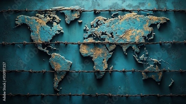 Fototapeta A world map with fences and barriers drawn between continents, trade fencing, economic protectionism concept