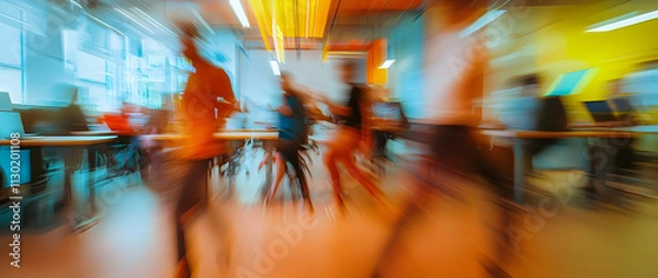 Fototapeta Busy coworking office with motion blur and dynamic activity