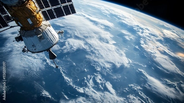 Fototapeta A satellite orbiting Earth, showcasing clouds and the curvature of the planet.
