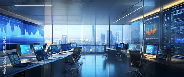 Fototapeta A bright office interior featuring financial charts and diagrams on digital screens, showcasing productivity and data-driven decisions