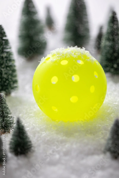 Fototapeta Pickleball in the snow with miniature pine trees vertical
