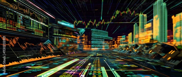 Fototapeta A vivid stock market scene with a digital graph showcasing trading trends and financial analysis
