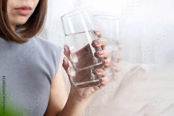 Obraz Woman's hand shaking while drinking water due to Parkinson's Disease or Essential Tremor Disorder