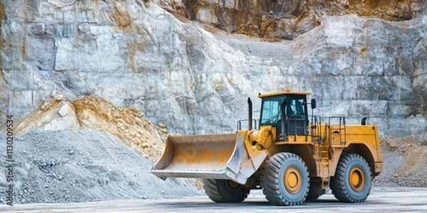 Fototapeta Front end loader positioned beside stone crushing machinery in a limestone quarry, showcasing the panorama of quarry mining equipment and operations. A glimpse of quarry mining efficiency.