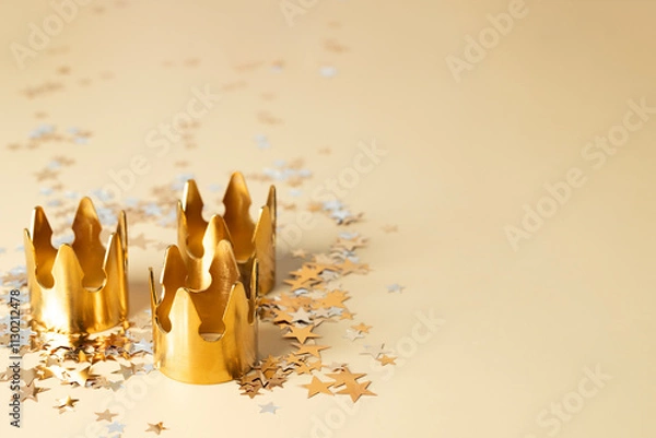 Fototapeta Three Golden crowns on beige star confetti background for Dia de Reyes Magos day ( Three Wise Men) or Epiphany day, 6 January