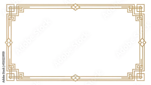 Fototapeta Elegant gold art deco border with intricate geometric patterns, isolated on transparency background, perfect for invitations, certificates, or decorative designs
