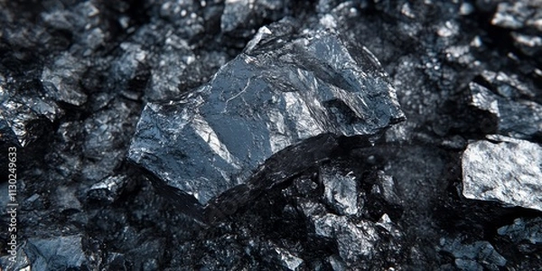 Fototapeta Closeup macro image of black lead zinc ore showcasing its unique irregular texture, reflecting the cold beauty of natural resources and the innovative approach of generative algorithm spatial design.
