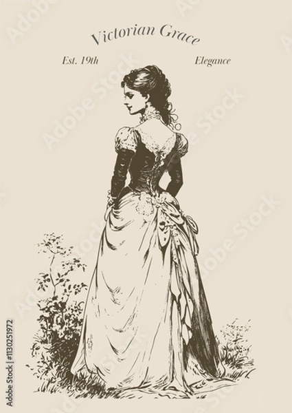 Obraz Victorian Woman in Elegant Gown with Detailed Back Design in Garden Setting