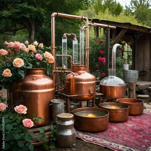 Fototapeta "Crafting Tradition: Rose Water Distillation in a Rustic, Timeless Environment"