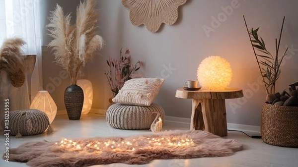 Fototapeta Scandinavian, hygge interior design of cozy modern living room with soft glowing fur, fluffy lamp, cup on wooden side table and natural decorative elements, including soft pillows and warm lighting.
