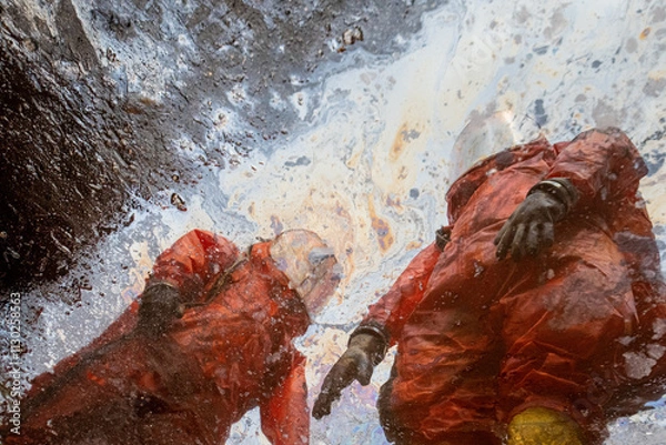 Fototapeta Reflection of two firefighters in hazmat chemical protective suits in an oily puddle with a rainbow sheen
