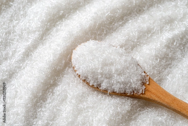 Obraz Monosodium glutamate in a wooden spoon over E621 white crystals background. Full spoon of MSG macro. Common food additive, flavor enhancer concept.