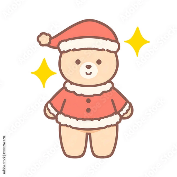 Fototapeta Minimalist vector art featuring Christmas elements in cartoon watercolor style: an elf, teddy bear Santa, snowman, and Christmas tree. Festive and cheerful design on a transparent background