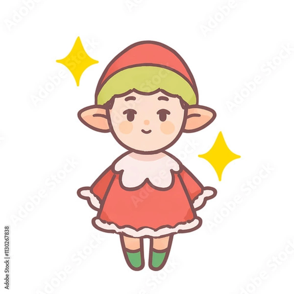 Fototapeta Minimalist vector art featuring Christmas elements in cartoon watercolor style: an elf, teddy bear Santa, snowman, and Christmas tree. Festive and cheerful design on a transparent background