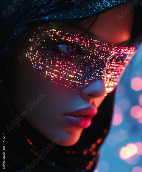 Fototapeta mesmerizing image portrays a futuristic aesthetic featuring a close-up of a face with a glowing, fragmented digital mask. The vibrant neon colors against the dark hood create an intense cyberpunk atmo