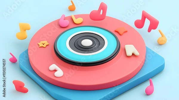 Fototapeta Colorful Creative Music Player with Vibrant Notes and Stars on a Soft Blue Background for Modern Arts and Entertainment Concepts