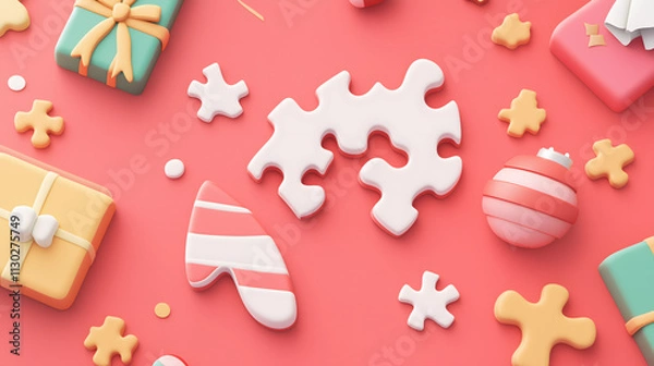 Fototapeta Colorful 3D Render of Festive Desserts and Decorations with Gift Boxes, Puzzle Pieces, and Christmas Ornaments on a Vibrant Pink Background