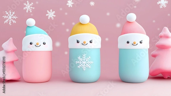 Fototapeta Charming Winter-Themed Cartoon Containers with Snowman Faces and Colorful Hats against a Pastel Pink Background with Christmas Trees and Snowflakes