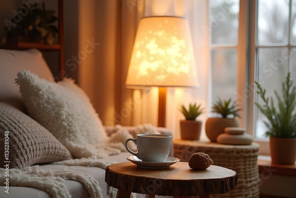 Fototapeta Scandinavian, hygge interior design of cozy modern living room with soft glowing fur, fluffy lamp, cup on wooden side table and natural decorative elements, including soft pillows and warm lighting.
