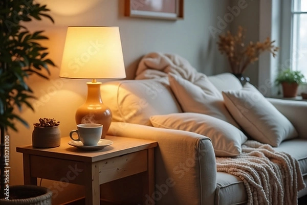 Fototapeta Scandinavian, hygge interior design of cozy modern living room with soft glowing fur, fluffy lamp, cup on wooden side table and natural decorative elements, including soft pillows and warm lighting.
