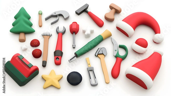 Fototapeta Colorful 3D Render of Christmas and Crafting Icons Including Trees, Tools, Decorations, and Holiday Accessories for Festive Designs and Creative Projects