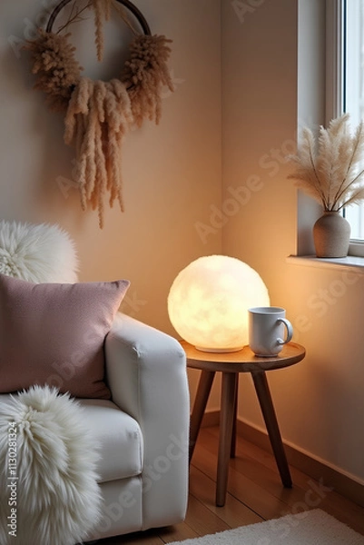 Fototapeta Scandinavian, hygge interior design of cozy modern living room with soft glowing fur, fluffy lamp, cup on wooden side table and natural decorative elements, including soft pillows and warm lighting.
