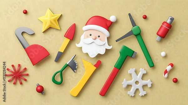 Fototapeta Festive Workshop Tools and Santa Character Illustration for Holiday Crafts and Decorations with Colorful Elements on a Warm Background