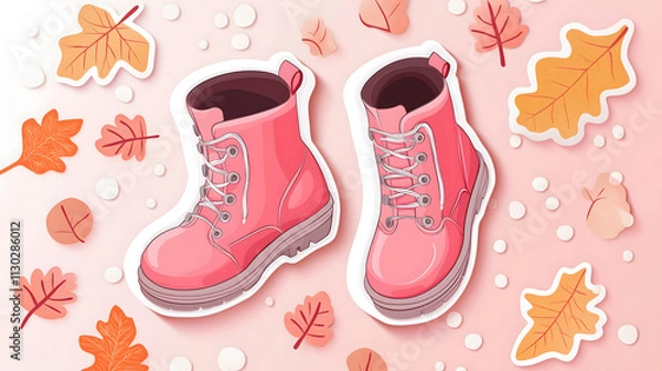 Fototapeta Colorful Pink Boots Surrounded by Autumn Leaves and Pebbles on a Soft Pink Background, Perfect for Fashion and Seasonal Themes in Creative Imagery