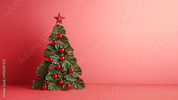 Fototapeta A Christmas tree made of beautiful monstera leaves with red ornaments and a star on top, set against a solid pastel pink background, in the spirit of the New Year