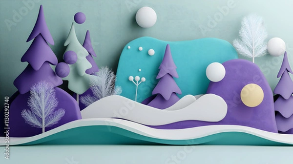 Fototapeta Colorful Abstract Landscape with Stylized Trees, Spheres, and Curved Shapes in a Dreamy Composition for Creative Design and Background Use