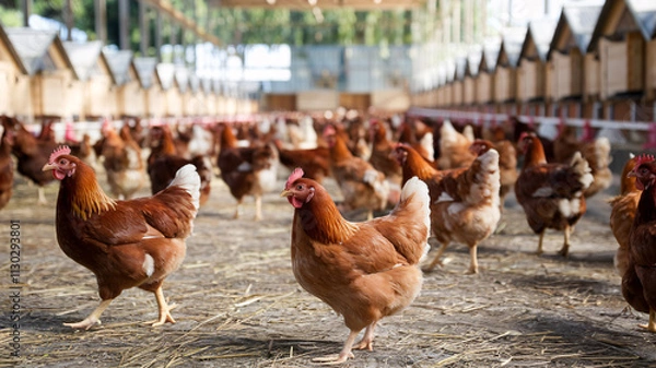 Fototapeta chicken farm with chickens walking around a large