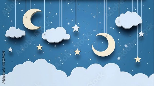 Fototapeta Whimsical Night Sky with Hanging Moon and Stars on a Cloudy Background Ideal for Children's Themes and Sleep Environment Designs