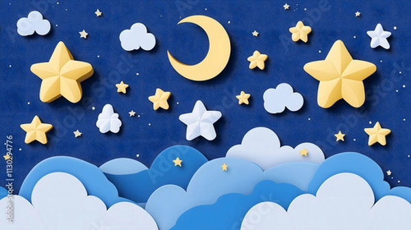 Fototapeta Colorful Night Sky with Stars and Clouds in Paper-Cut Style with a Yellow Moon Illustrating a Dreamy and Whimsical Atmosphere Perfect for Children’s Themes