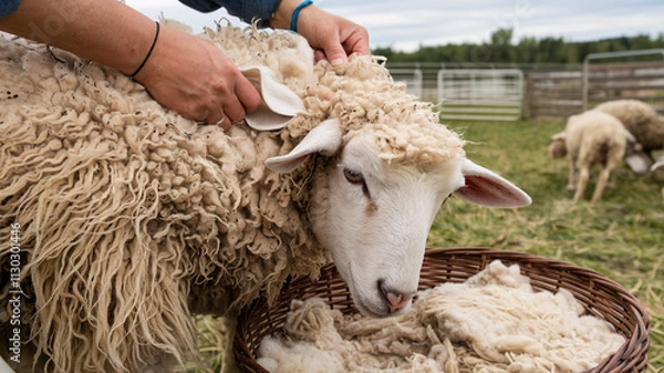 Fototapeta A close-up of hands shearing wool from a sheep