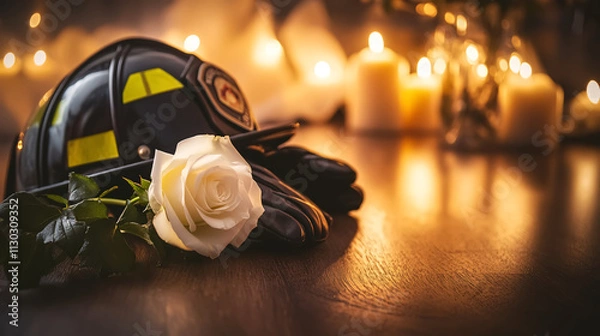 Fototapeta A firefighter's helmet is placed on a polished wooden table under soft illumination by candlelight, with a pair of gloves beside it and a single white rose resting on the helmet.