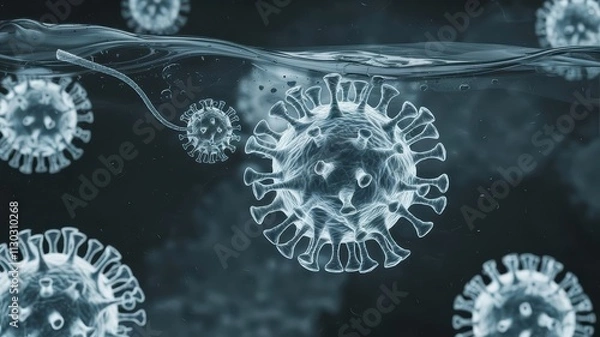 Obraz Images of the virus under a microscope in the middle of the water