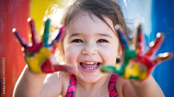 Obraz funny child girl draws laughing shows hands dirty with paint