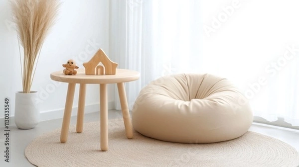 Fototapeta a minimalist area with soft neutral tones, a small table, wooden toys, and a comfy bean bag
