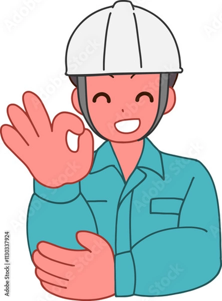 Obraz ヘルメットを被り、作業服を着た笑顔でOKする笑顔のデフォルメ男性のイラスト