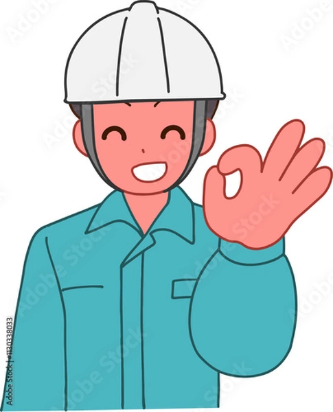Obraz ヘルメットを被り、作業服を着たOKする笑顔のデフォルメ男性のイラスト