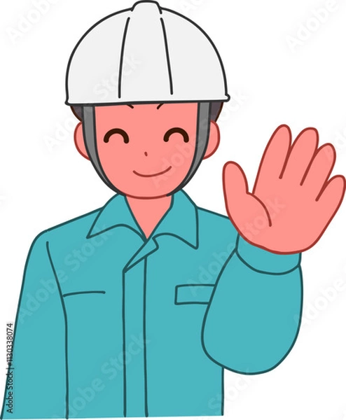Obraz ヘルメットを被り、作業服を着た挨拶する笑顔のデフォルメ男性のイラスト