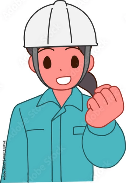 Obraz ヘルメットを被り、作業服を着たガッツポーズする笑顔のデフォルメ女性のイラスト