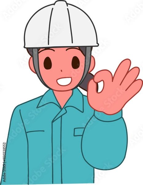 Obraz ヘルメットを被り、作業服を着たOKする笑顔のデフォルメ女性のイラスト