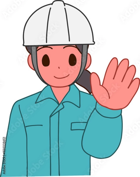 Obraz ヘルメットを被り、作業服を着た挨拶する笑顔のデフォルメ女性のイラスト