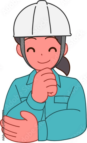 Obraz ヘルメットを被り、作業服を着た笑顔で考えるデフォルメ女性のイラスト