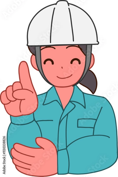 Obraz ヘルメットを被り、作業服を着た笑顔で指をさすデフォルメ女性のイラスト