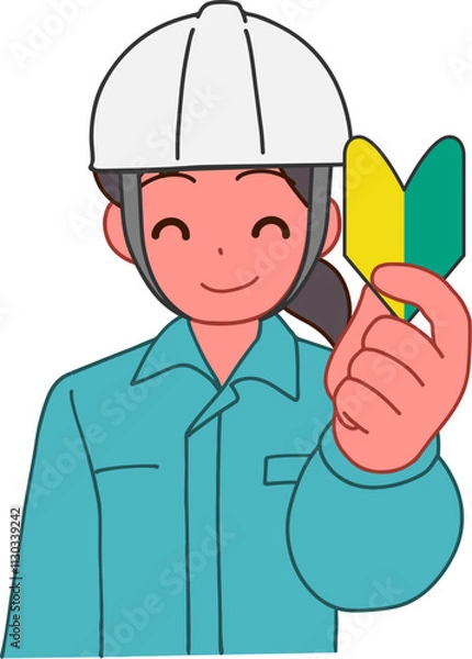 Obraz ヘルメットを被り、作業服を着た初心者マークを持つ笑顔のデフォルメ女性のイラスト