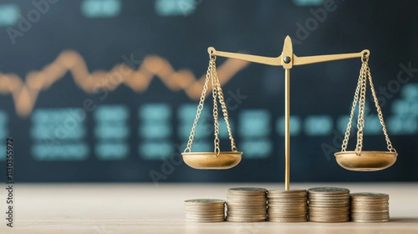 Fototapeta Balanced scales with coins representing financial stability and justice in business.