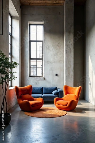 Fototapeta A sleek and modern living room scene: a stark concrete wall provides a dramatic backdrop for a minimalist design. Two vibrant orange armchairs sit harmoniously alongside a dark blue sofa, their bold c